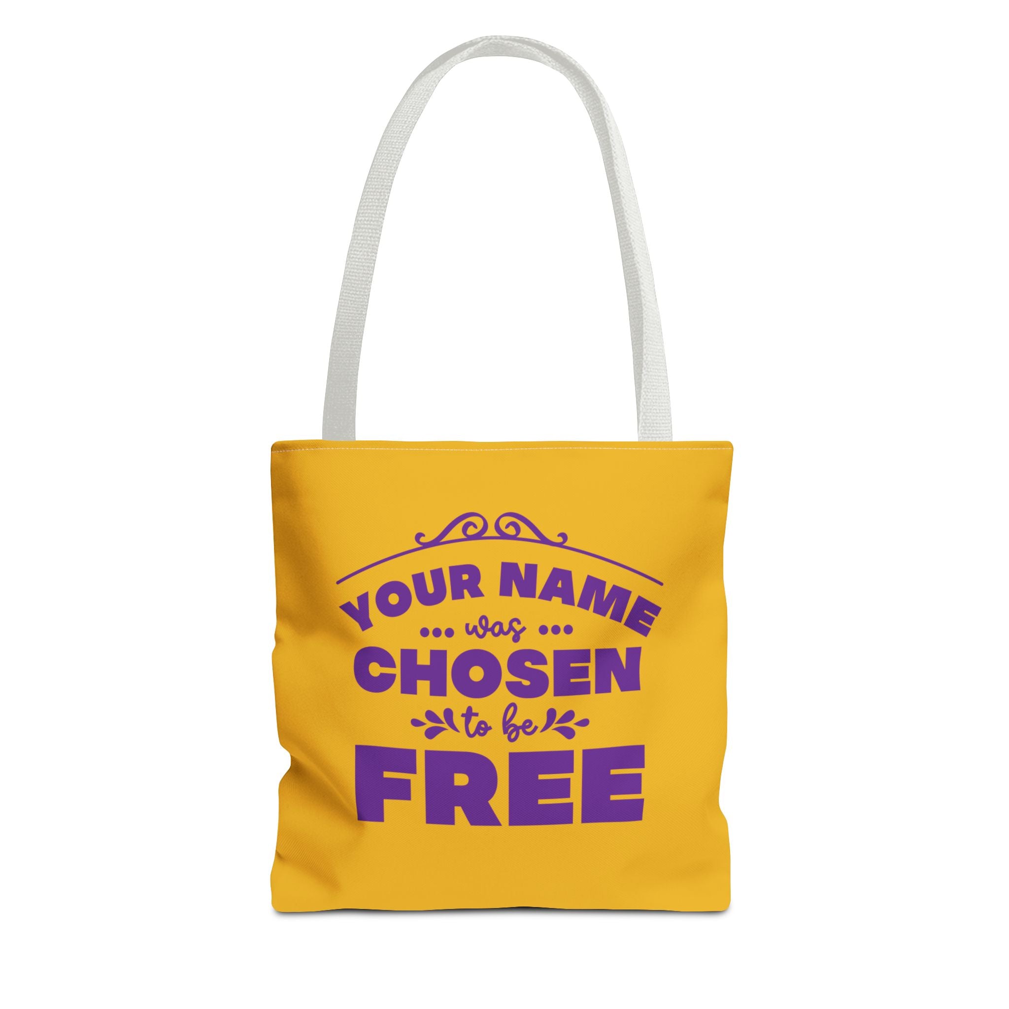 Tote Bag (AOP) Bible Verse (Chosen and Free) With custom name