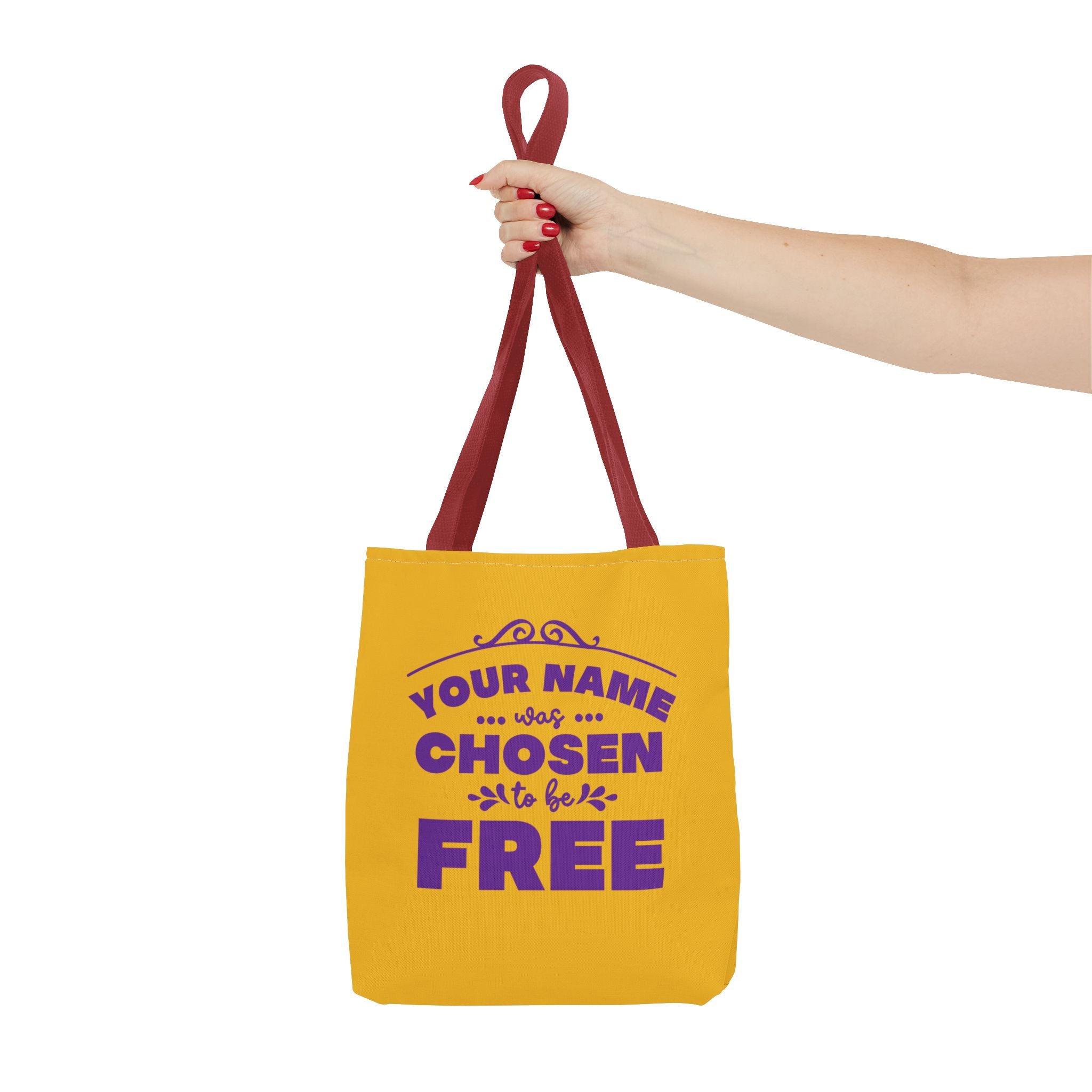 Tote Bag (AOP) Bible Verse (Chosen and Free) With custom name