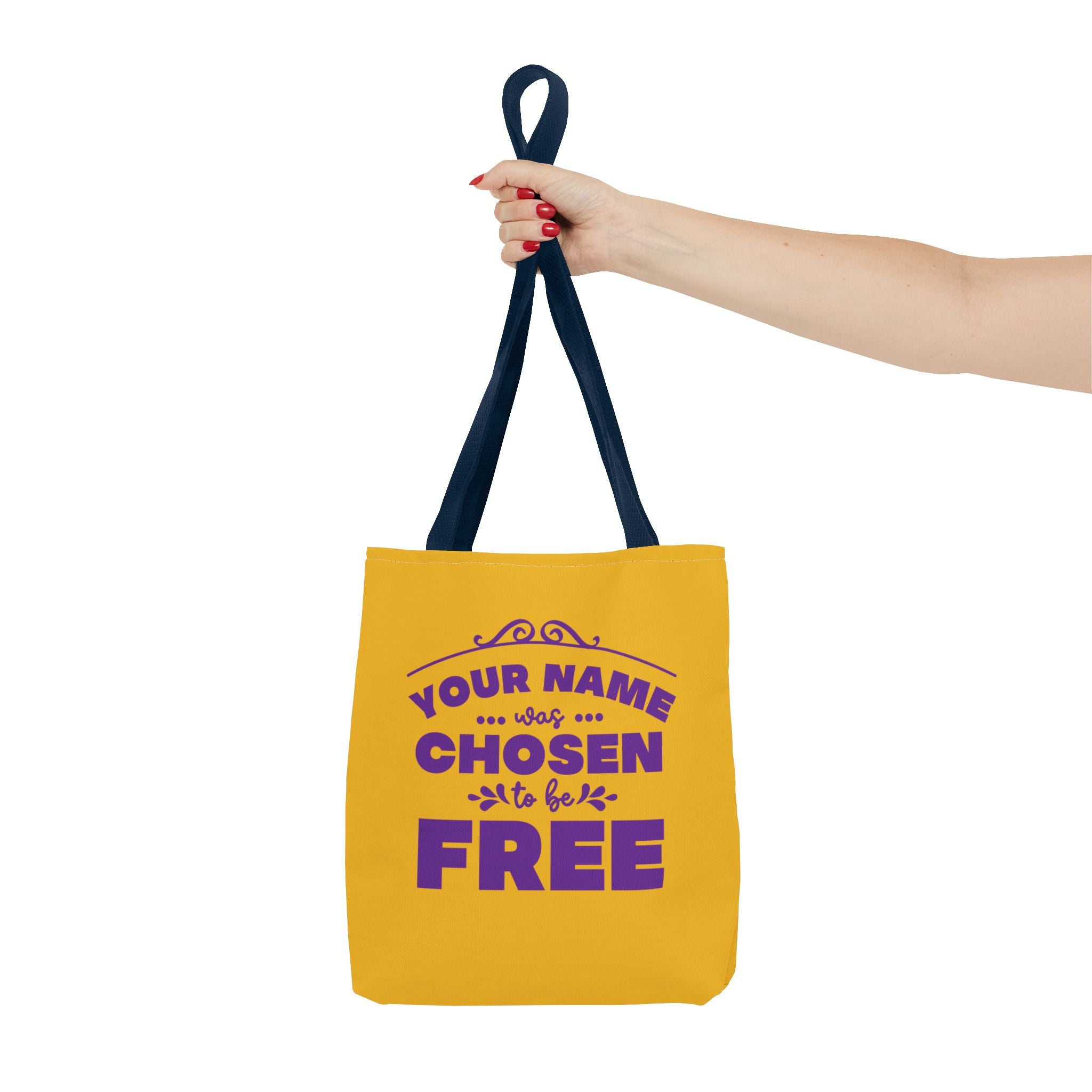 Tote Bag (AOP) Bible Verse (Chosen and Free) With custom name