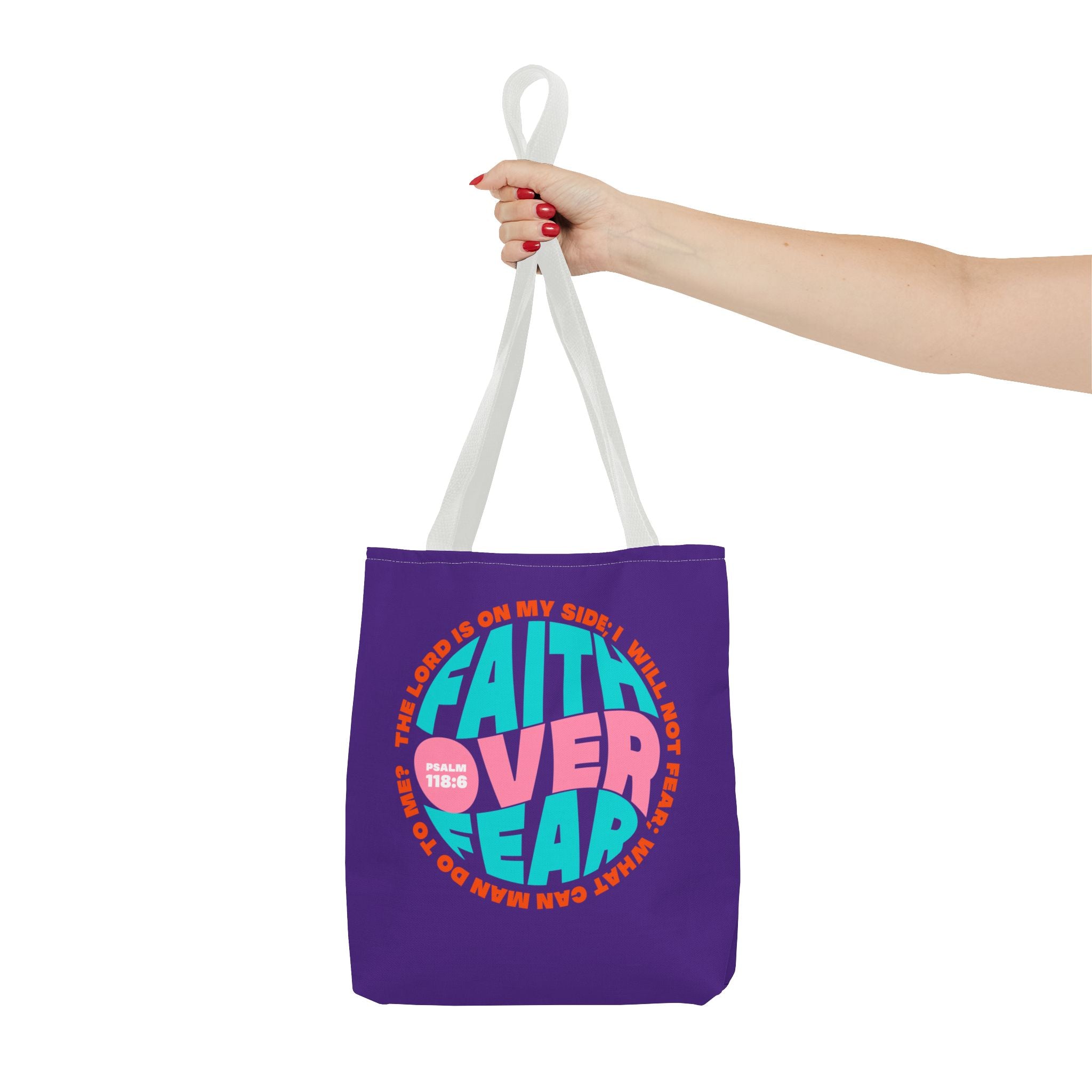 Tote Bag (AOP) Bible Verse (Faith over fear)