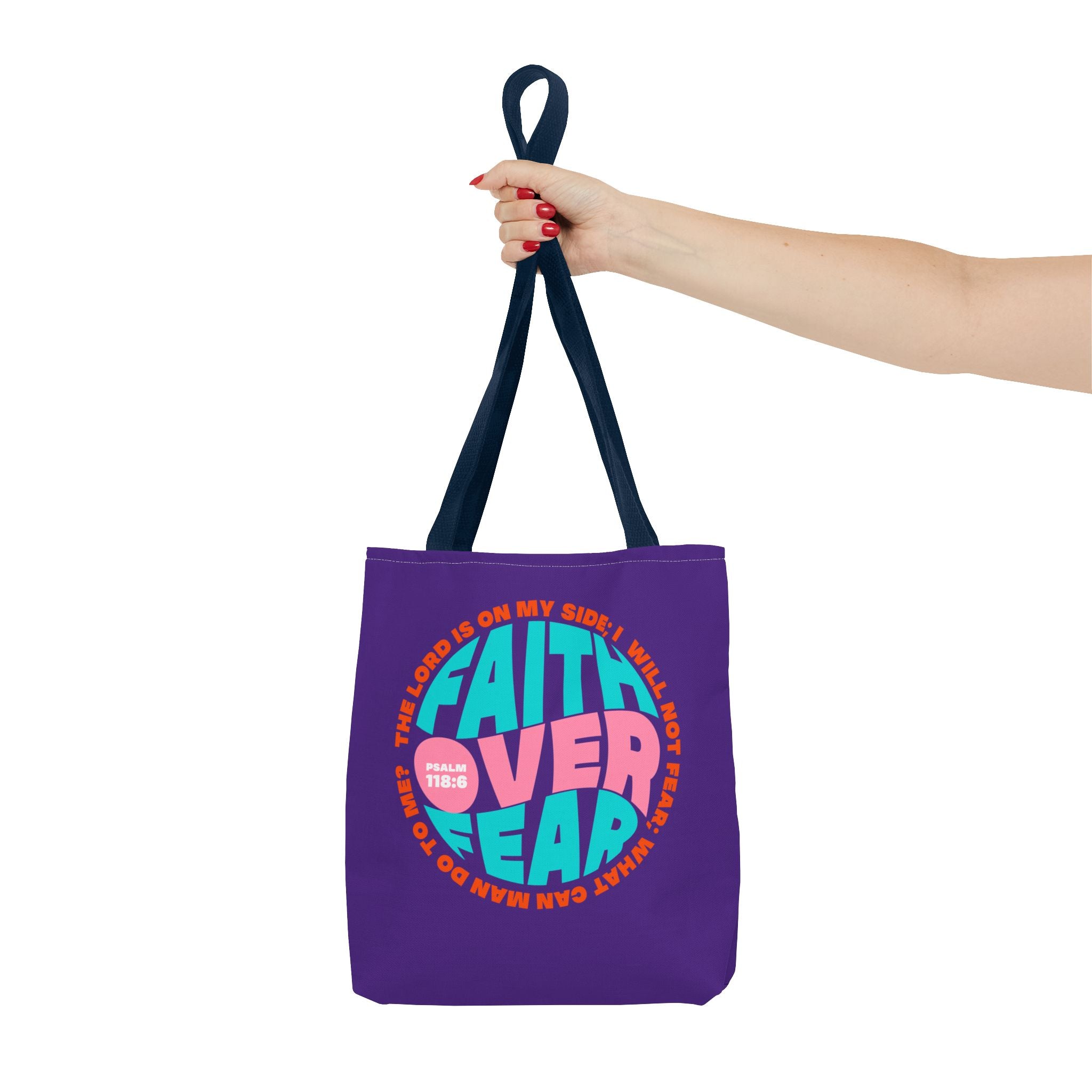 Tote Bag (AOP) Bible Verse (Faith over fear)