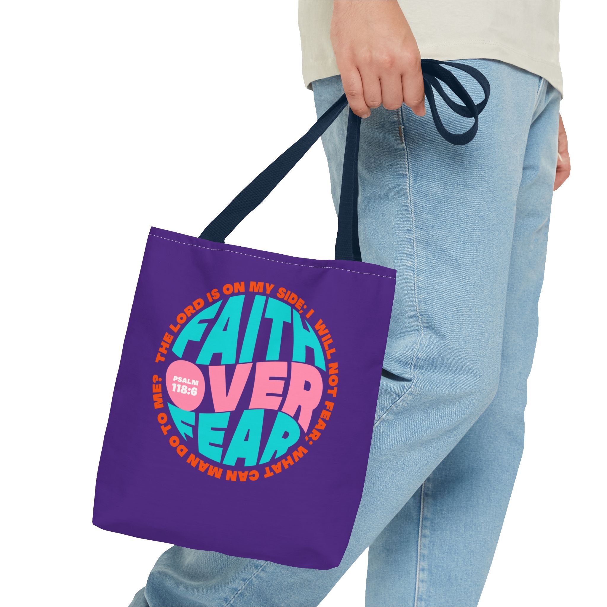 Tote Bag (AOP) Bible Verse (Faith over fear)