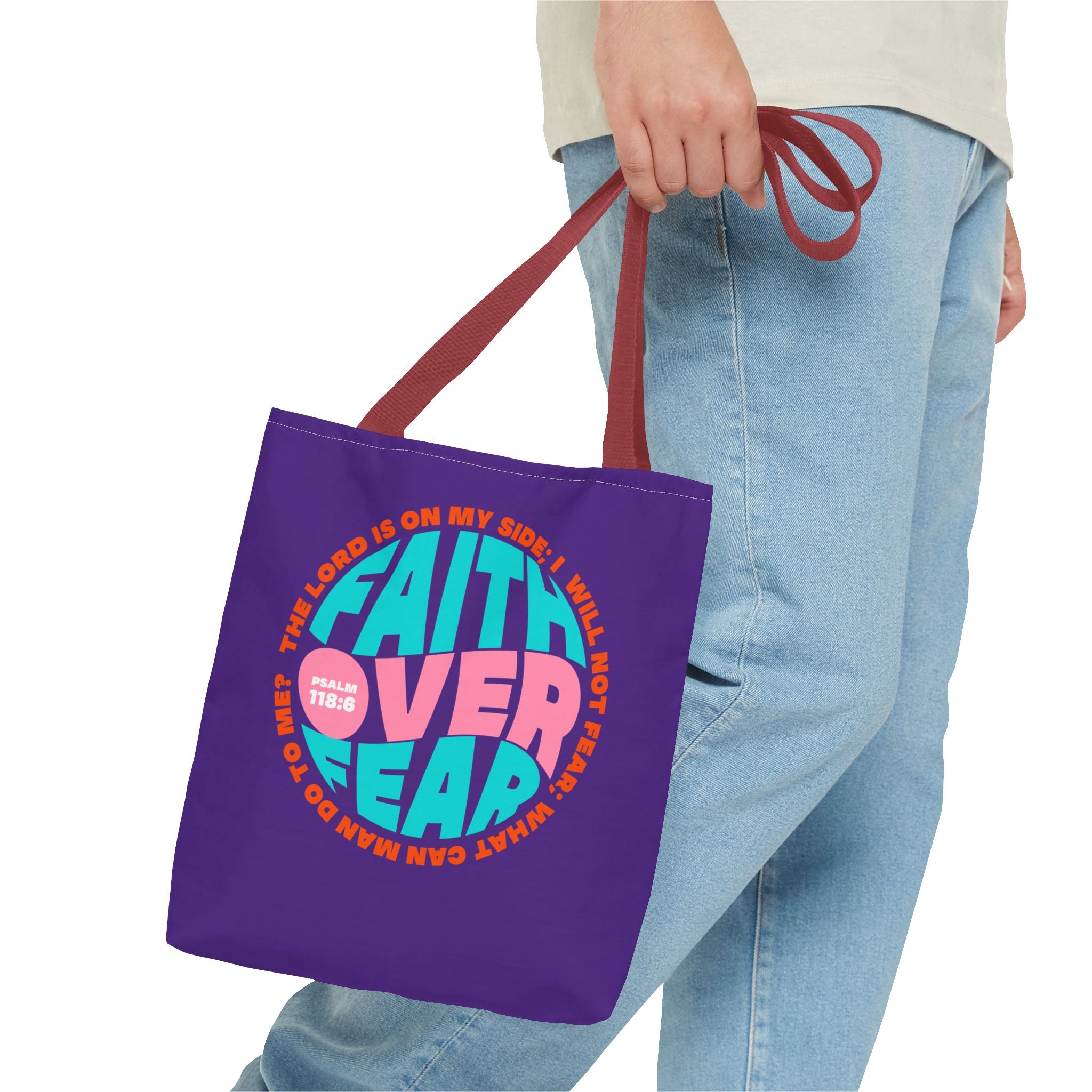 Tote Bag (AOP) Bible Verse (Faith over fear)