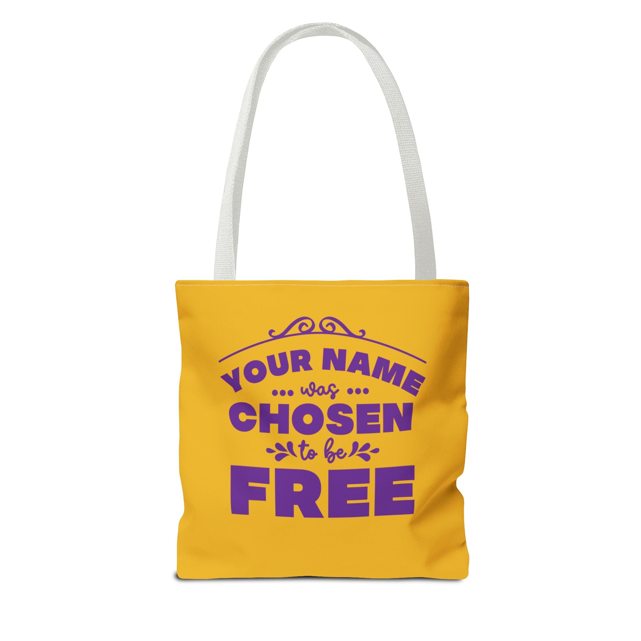 Tote Bag (AOP) Bible Verse (Chosen and Free) With custom name