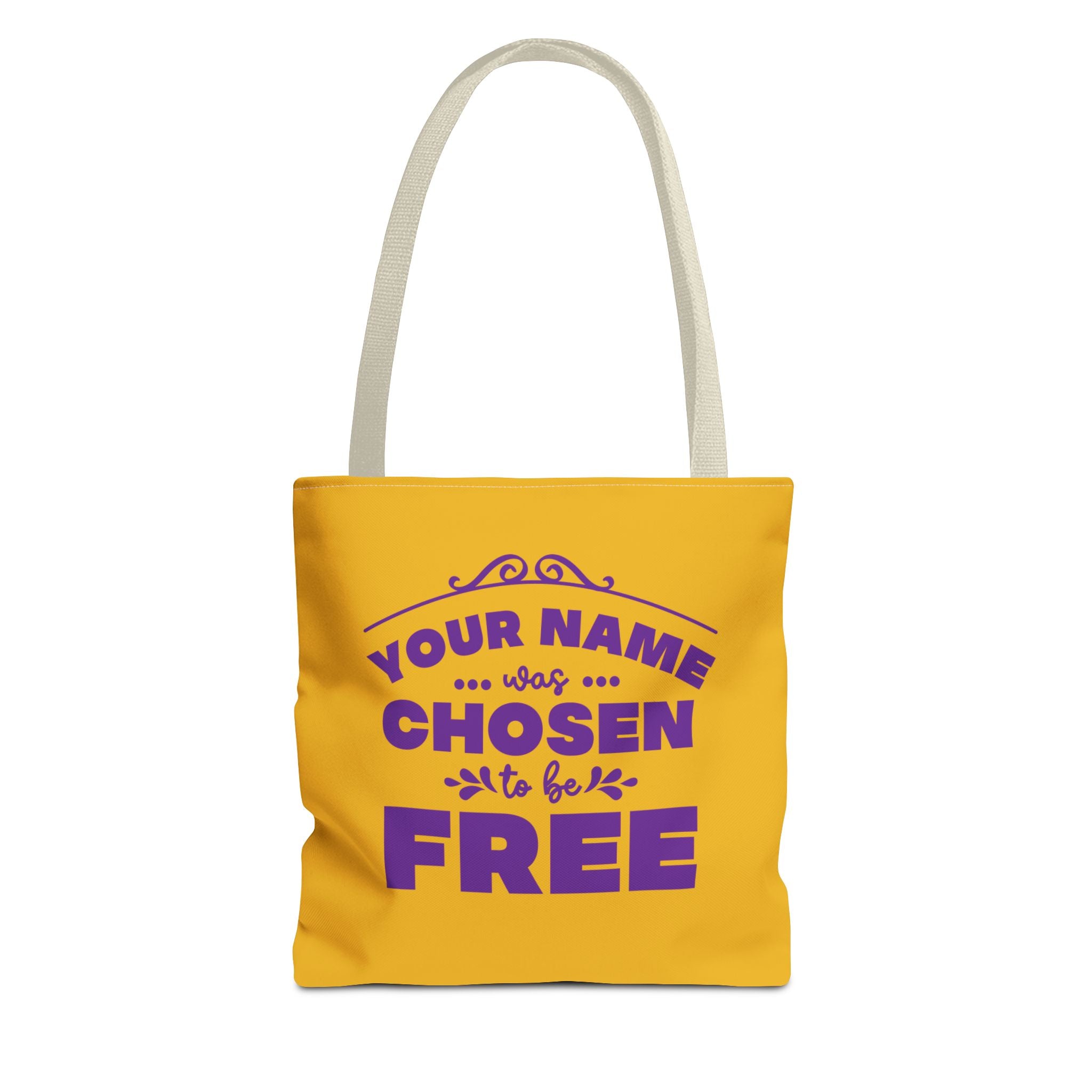 Tote Bag (AOP) Bible Verse (Chosen and Free) With custom name